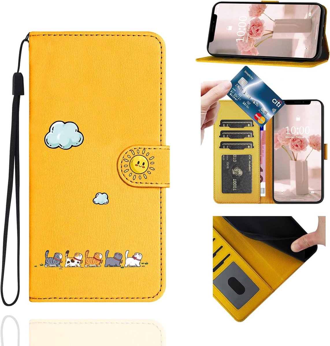 Telefoonhoesje voor Samsung Galaxy A41 (6,1 inch), inklapbaar, beschermhoes, tas, standfunctie, kaartenvak, klaphoes, kat, PU-leer, flipcase voor Samsung Galaxy A41, geel