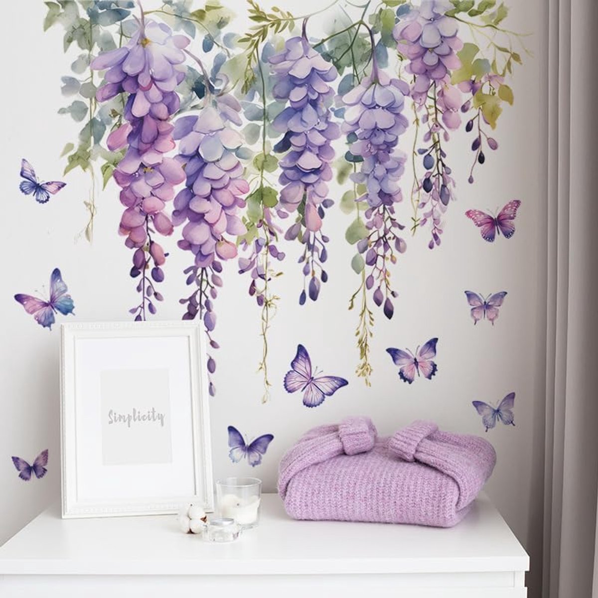 Paarse hangende wijnstok bloem muursticker sticker voor slaapkamer | Aquarel Bloemen Muursticker Wall Art Decor voor Meisjeskamer Woonkamer