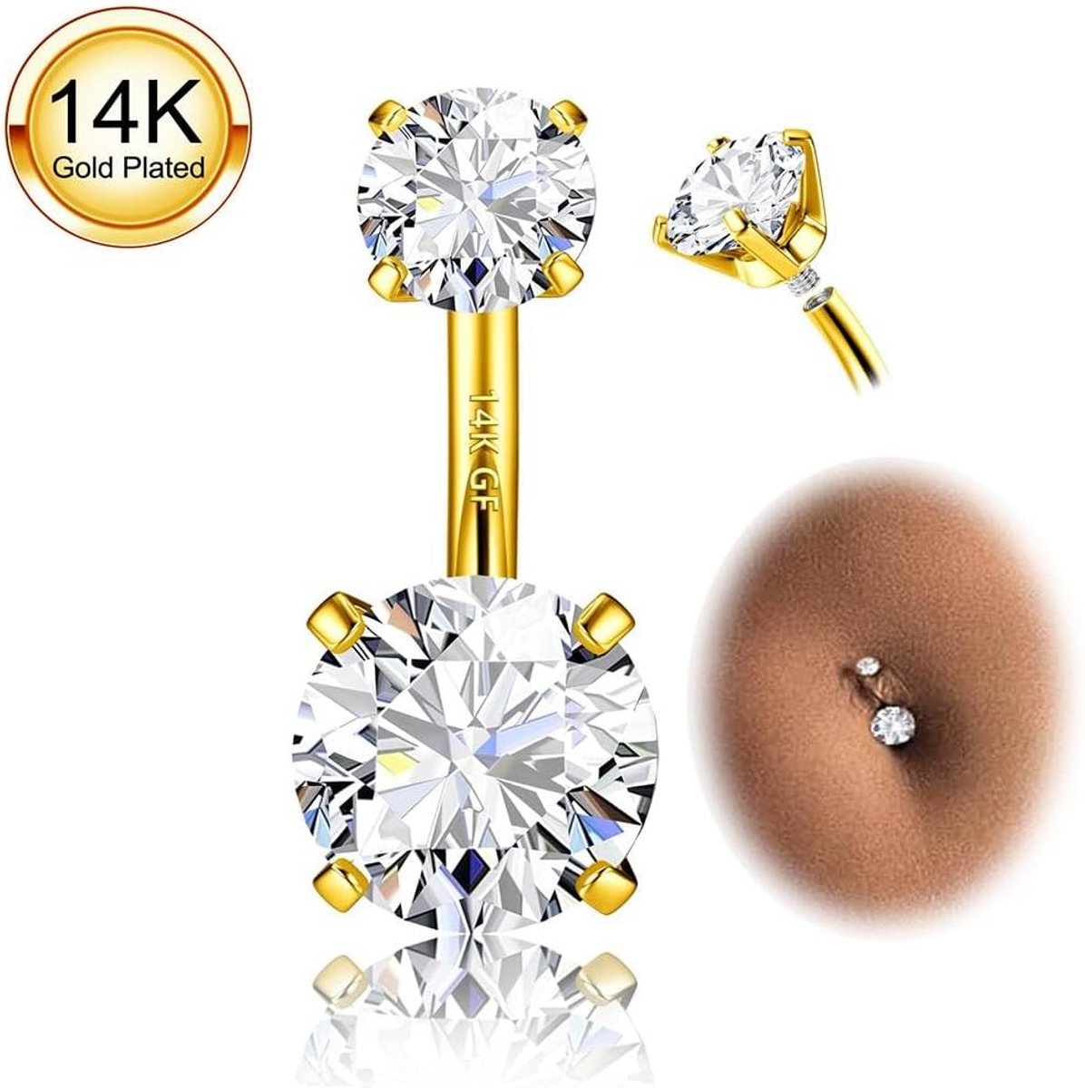 14g navel Bars-G23 Titanium buik Bars Sterling Zilver chirurgisch roestvrij staal 14k goud ronde Cubic Zirconia 8/10 / 12mm hypoallergeen navel Piercing sieraden messing-6MM