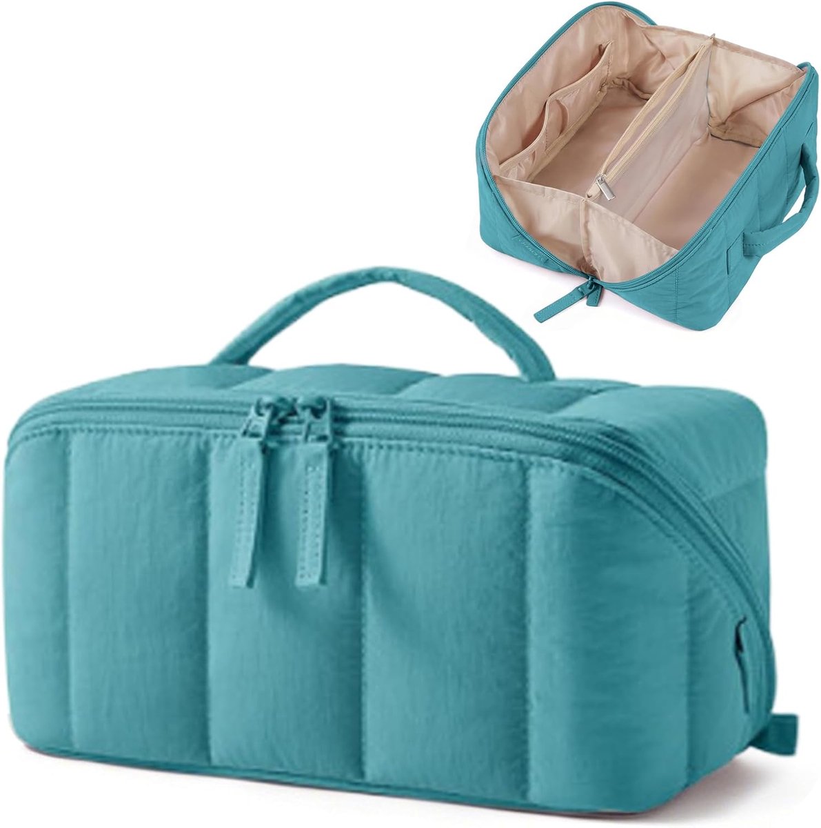 Cosmeticatas voor dames, draagbare make-uptas, waterdichte make-uptas, wijd te openen toilettas, reiscosmeticatas met vakken en handvat, blauw, Klassiek