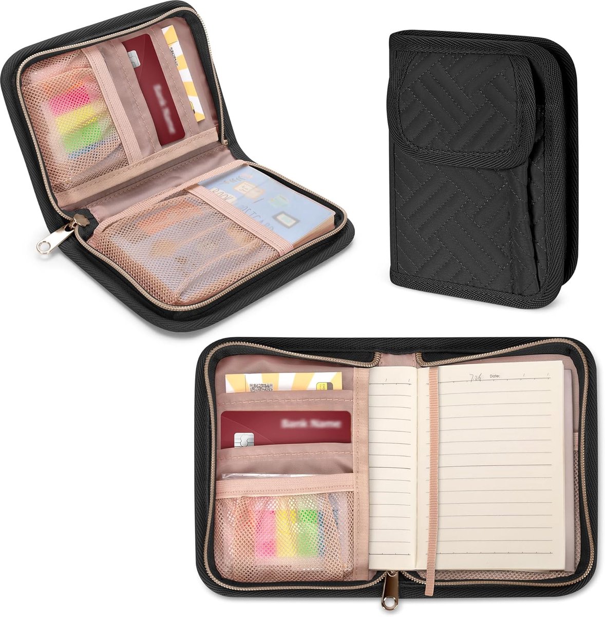 Journal Cover Geschikt voor Field Notes, Moleskine Cahier Notitieboek (9 x 14 cm), Pocket Notitieboek met Rits, Kaarten- en Pennenhouder voor Notitieboeken, Planners (Zwart)