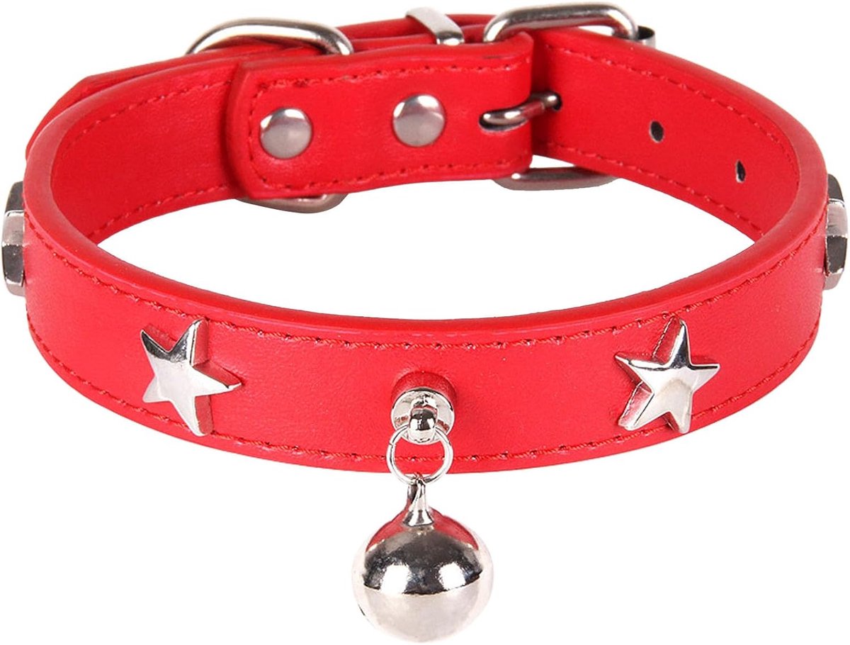 Hondenhalsband van leer met bel en ster, hondenhalsbanden voor kleine, middelgrote en grote honden, halsband voor vrouwelijke en mannelijke honden, rood, XS