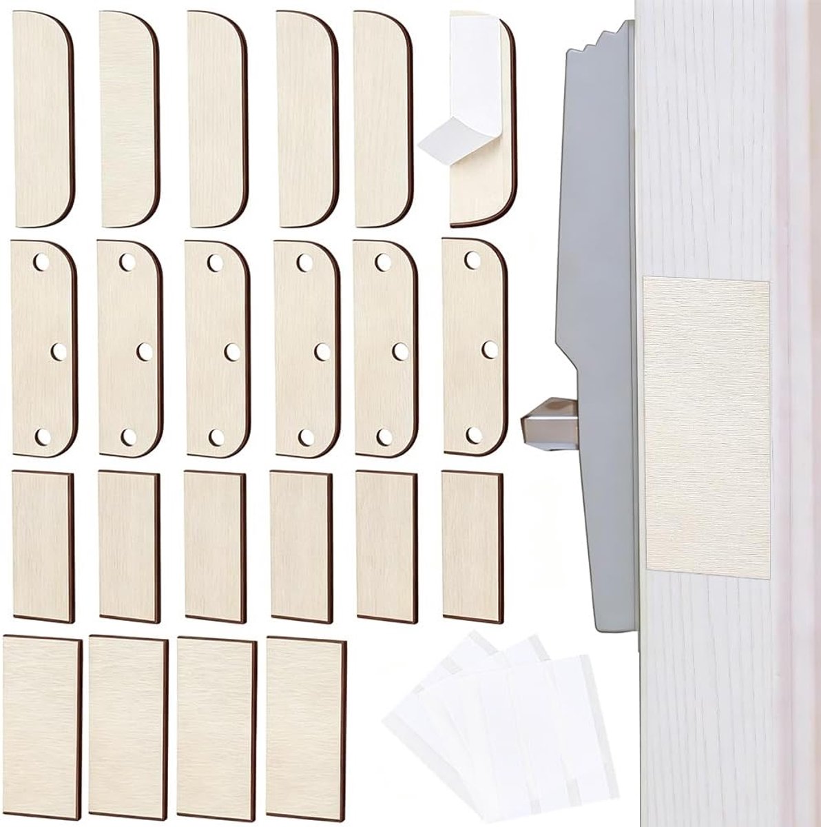 24 Stuks 4 Stijlen 8,89 cm Scharnierreparatie Houten Plaat Deur Gat Cover Plaat Houten Kast Deur Scharnieren Shim Fillers Covers Blanks Reparaties Kit met 48 Stuks Dubbelzijdige Tapes voor