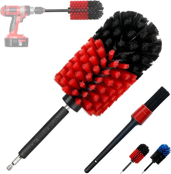 Velgenborstel, accuschroevendraaier, bevat velgenborstel en 22,6 cm detailkwast, snelle reiniging, velgenborstel voor auto, duurzaam en veelzijdig als elektrische reinigingsborstel, voor de auto, rood — afbeelding 4