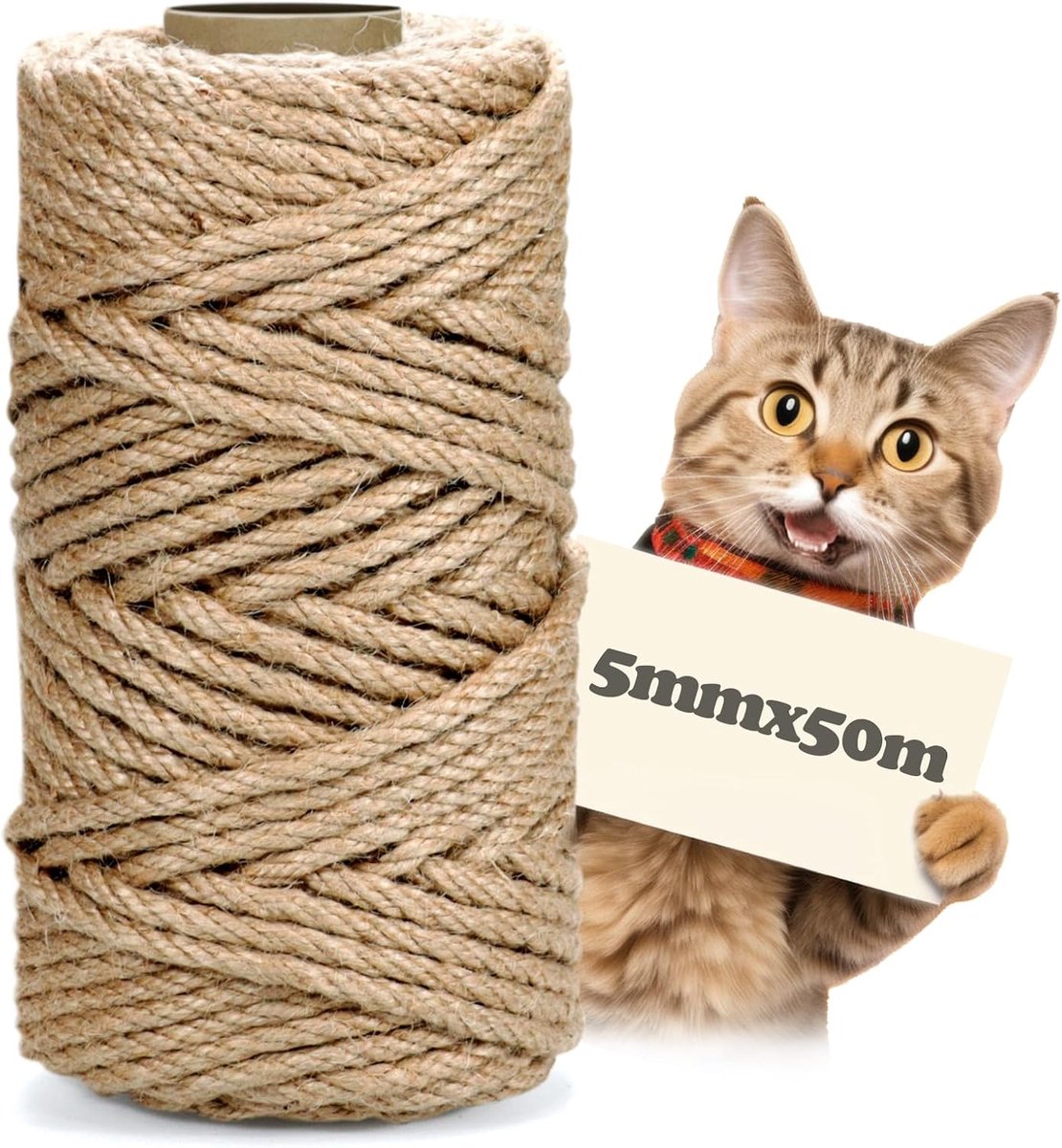 Touw voor krabpaal, 5 mm x 50 m, natuurlijk sisaltouw, jute touw voor katten, krabzuil, henneptouw, krabpaal touw, jute koord voor huishouden, tuin, doe-het-zelf