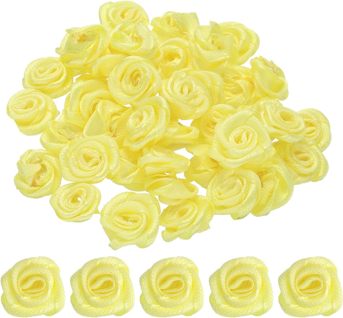 100 stuks mini-rozen van satijnen lint, 1,5 cm, bloemen van kunststof, voor doe-het-zelf decoratie, naaien, geschenkverpakking, bruiloft, geel