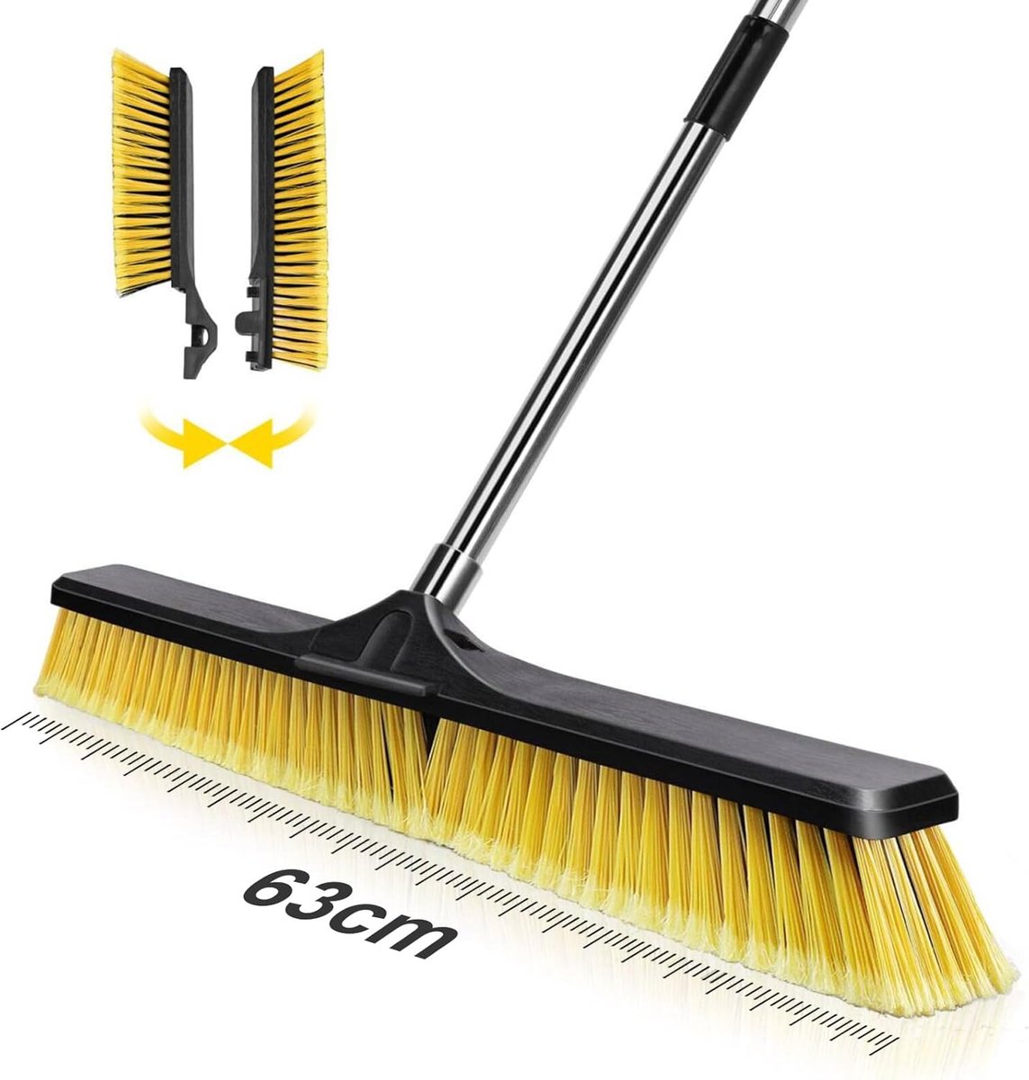 Bezem met steel, met 60 cm grote borstelkop, afneembare industriële bezem, grote vloerborstels voor buiten, zaalbezem voor scholen, fabrieken, tuinen, garages, zwart