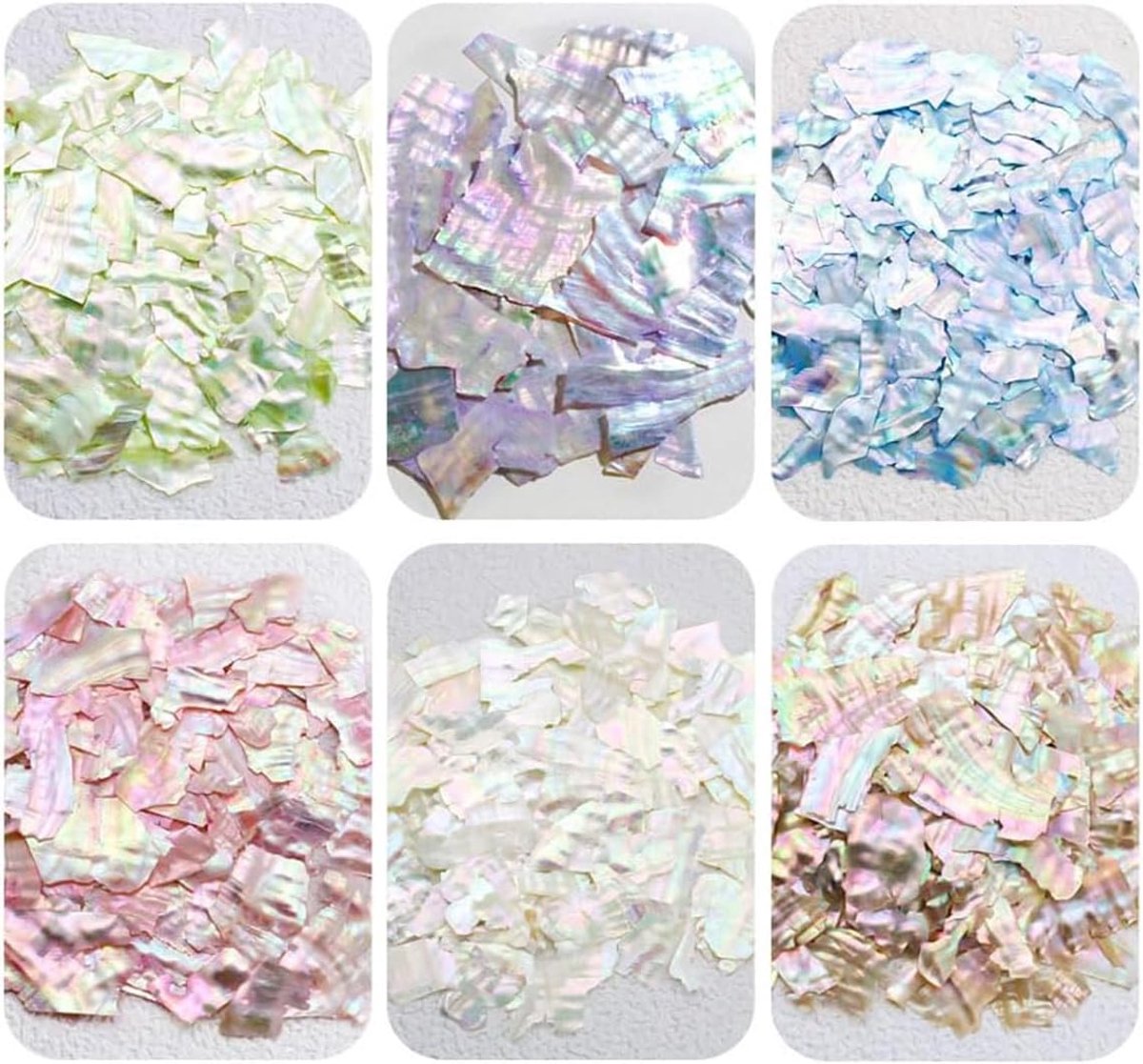 6 stuks abalone schelp glitter voor nail art, gemengd in 6 kleuren, DIY nagelaccessoires