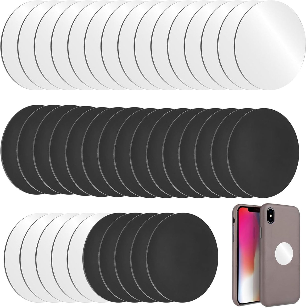 Magneetplaatjes, zelfklevend, 40 stuks, metalen plaatjes voor magnetische telefoonhouder in de auto, zwart en zilver