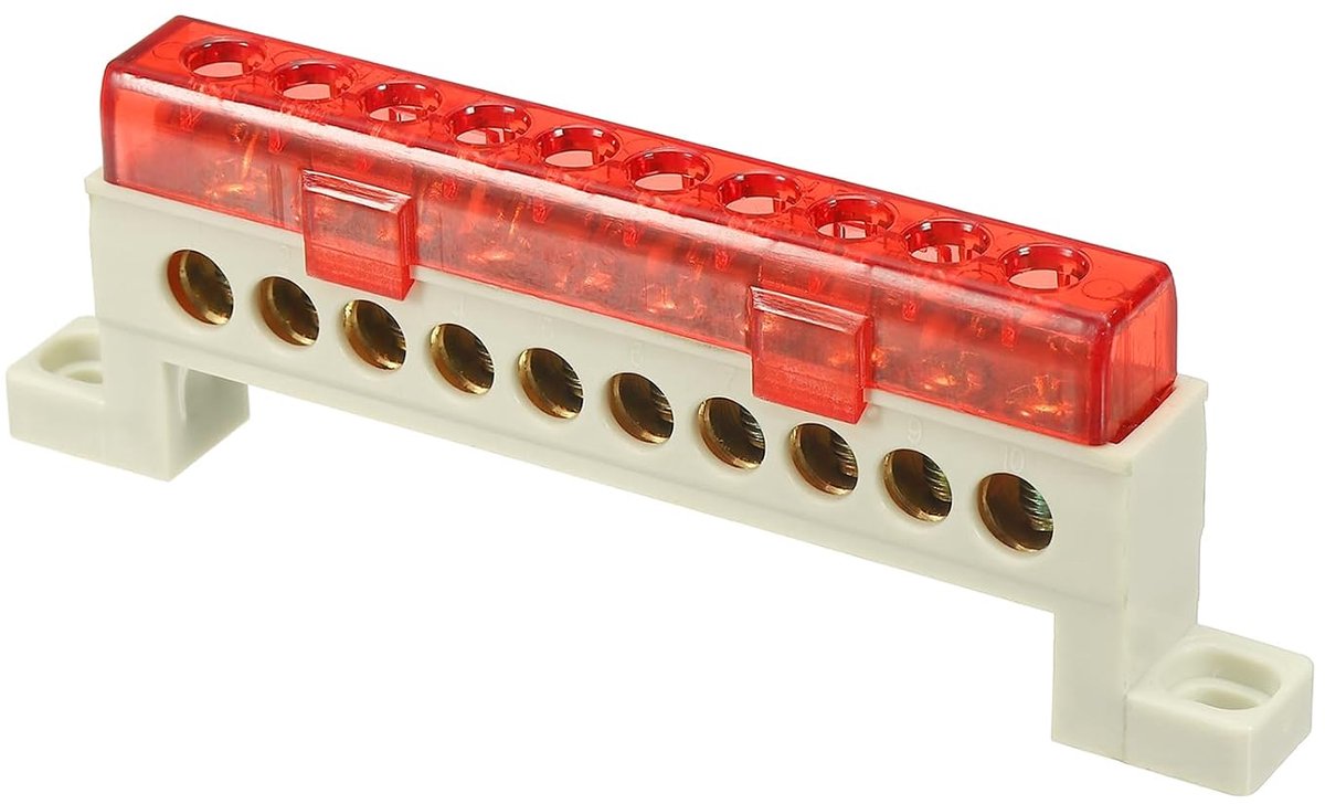 1 stuk 10-polige klemlijsten, M4 schroefklem messing aardingsrail 82 x 6,1 x 9,6 mm koperen draadconnector, schroefklemblok voor elektrische apparaten, rood