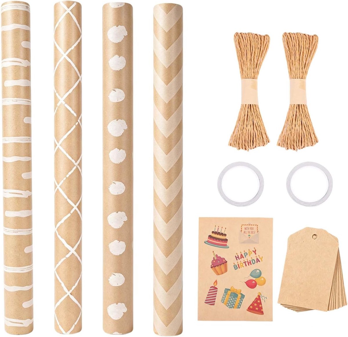 Cadeaupapier voor verjaardag, kraftpapier om in te pakken met etiketten, jute touw en dubbelzijdig plakband voor kinderfeesten, communie, doop, 43 x 300 cm