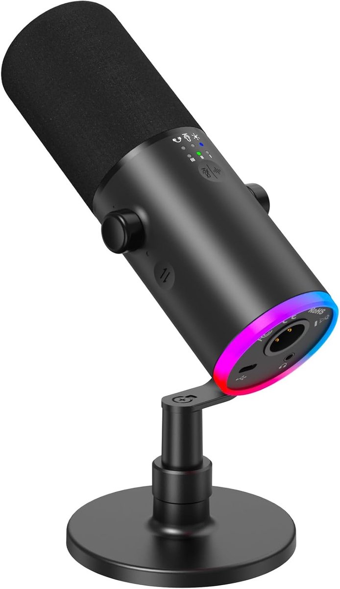 Dynamische microfoon voor gaming, XLR/USB microfoon voor streaming, AI-ruisonderdrukking, RGB-gestuurd, demping, 3,5 mm koptelefoonaansluiting, microfoon met tafelstandaard, zwart