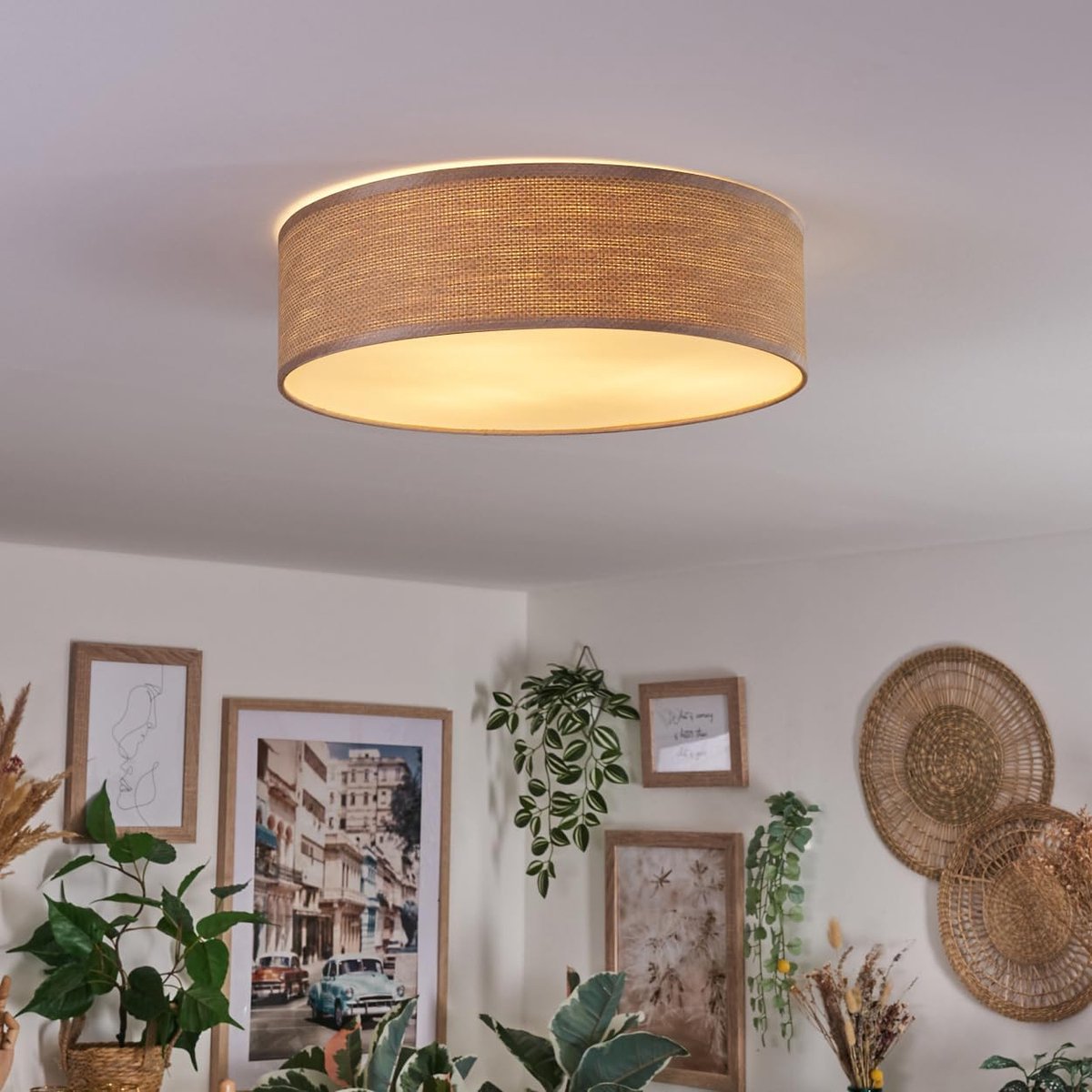 Plafondlamp Antillo, plafondlamp van metaal/papierraster/kunststof in nikkelmat/naturel/beige/wit, ronde lamp in boho-design (Ø 40cm), E27, eetkamer, woonkamer, slaapkamer, keuken