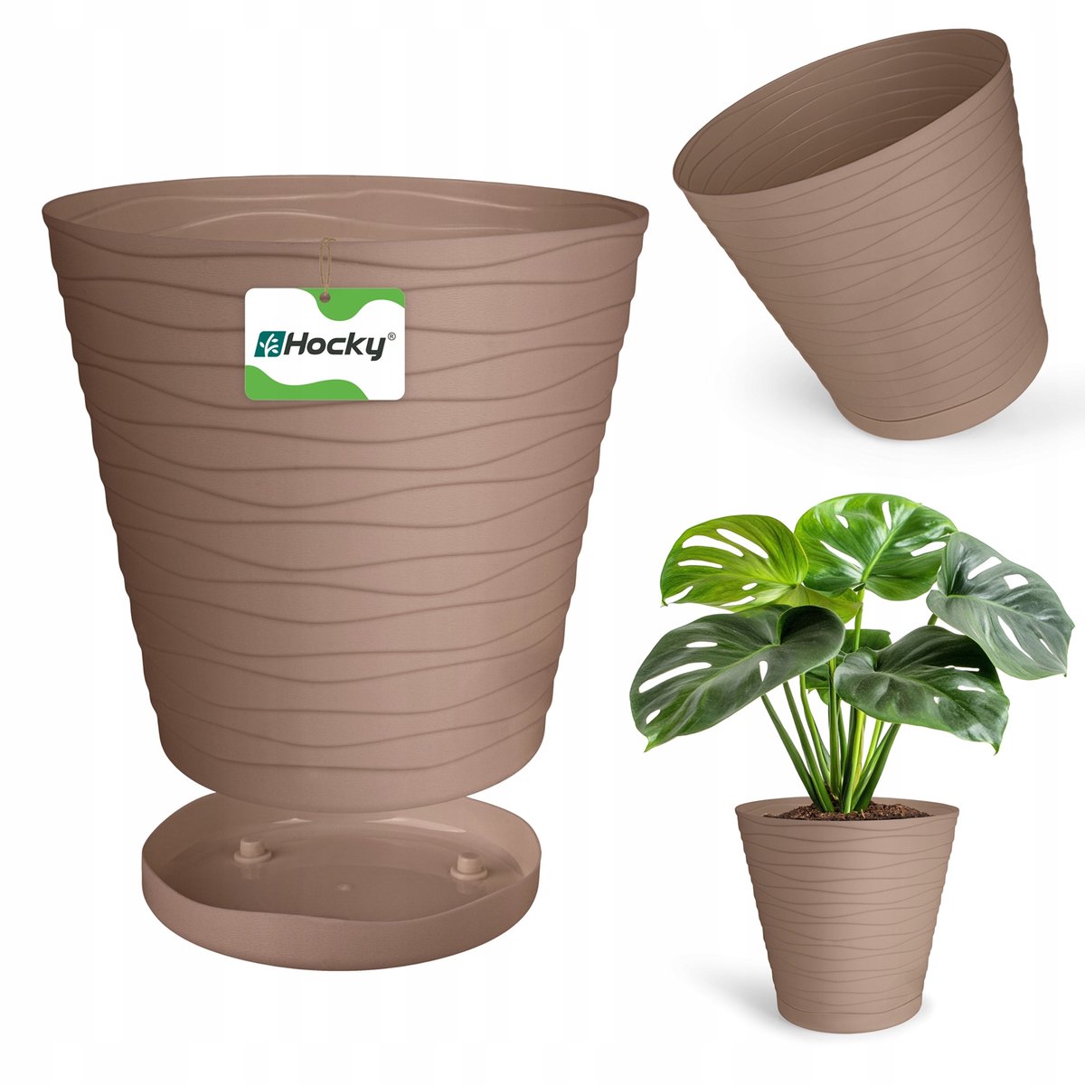Beige kunststof bloempot 30 cm met schotel - Duurzaam en stijlvol