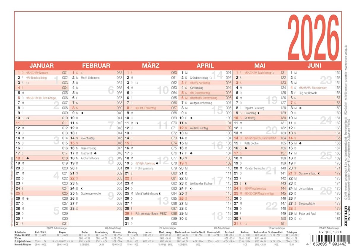 Arbeitstagekalender A5 2026 - 21 × 15 cm - 6 maanden per pagina - compact bureaukalender voor overzicht - ShopVlot