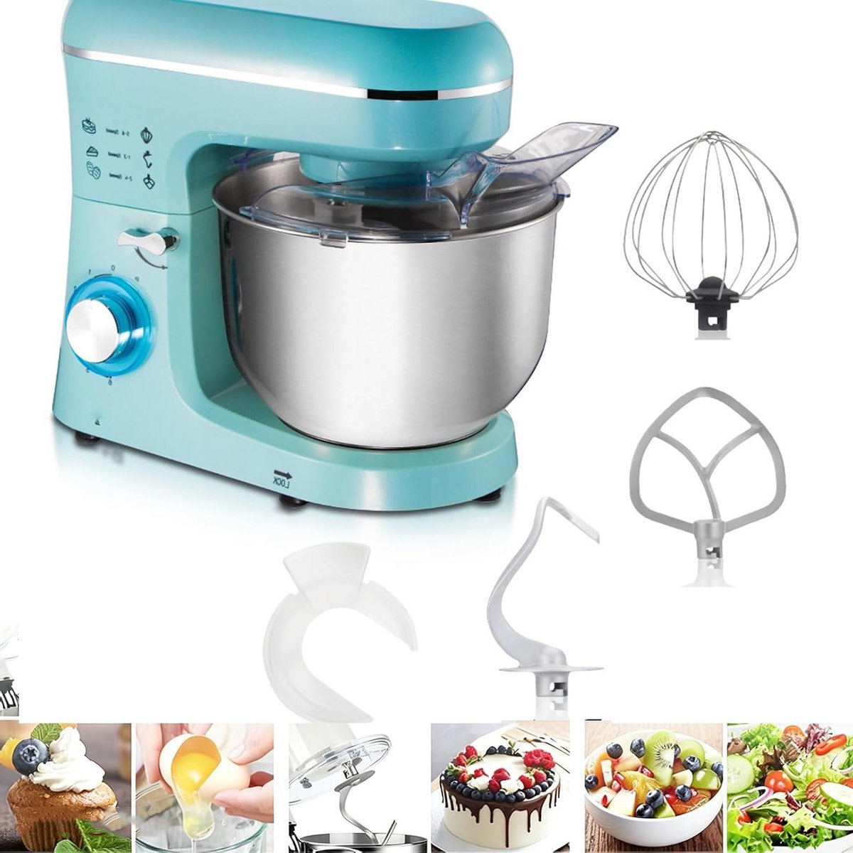 Mini Stand Mixer - Keukenmixer Compact - Bakken Thuis - Kantelbaar Ontwerp - 5.5 Liter Kom - Zilver