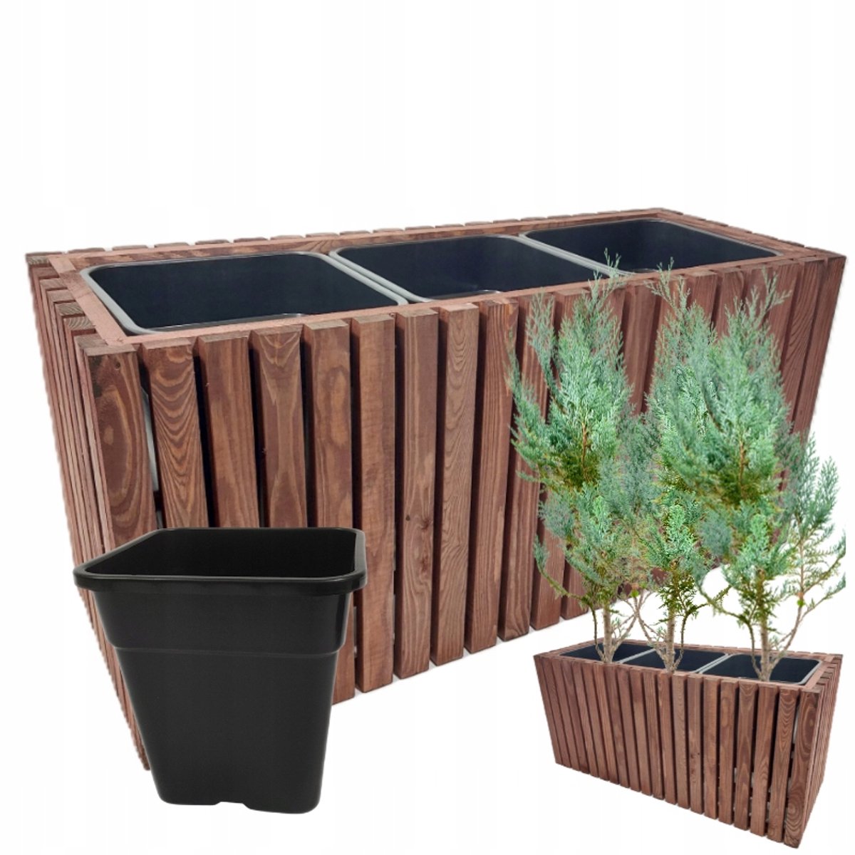 Houten bloembak voor tuin, balkon & terras - Middelgroot met 3x18L inzetbakken