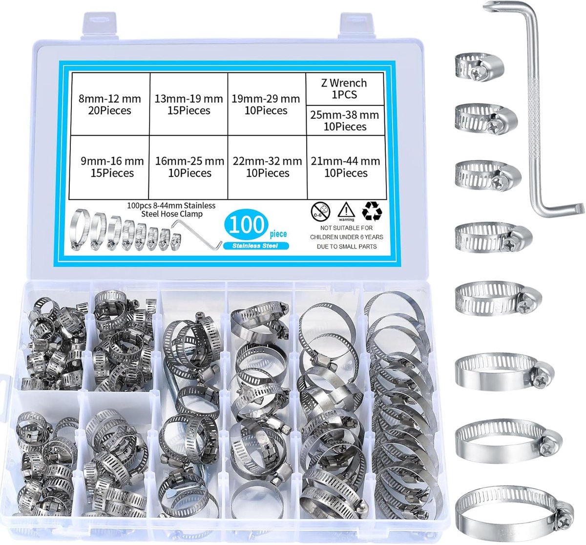Hose clamps 100pcs verstelbaar 8-44mm - roestvrij staal - assorti set met schroevendraaier - ShopVlot