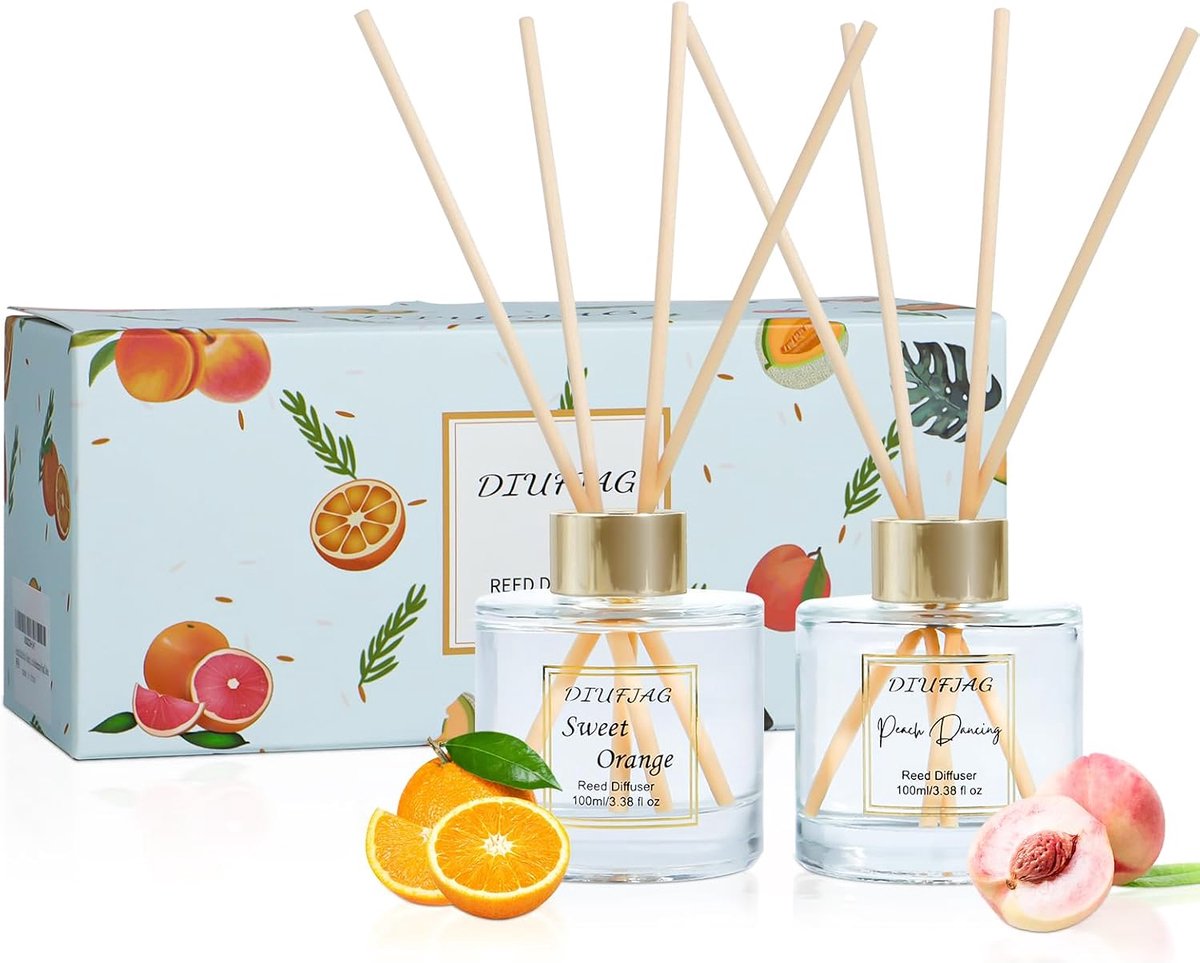 Aroma diffuser 2x100ml - sinaasappel/perzik - geurstokjes - verfrissing voor huis - ShopVlot
