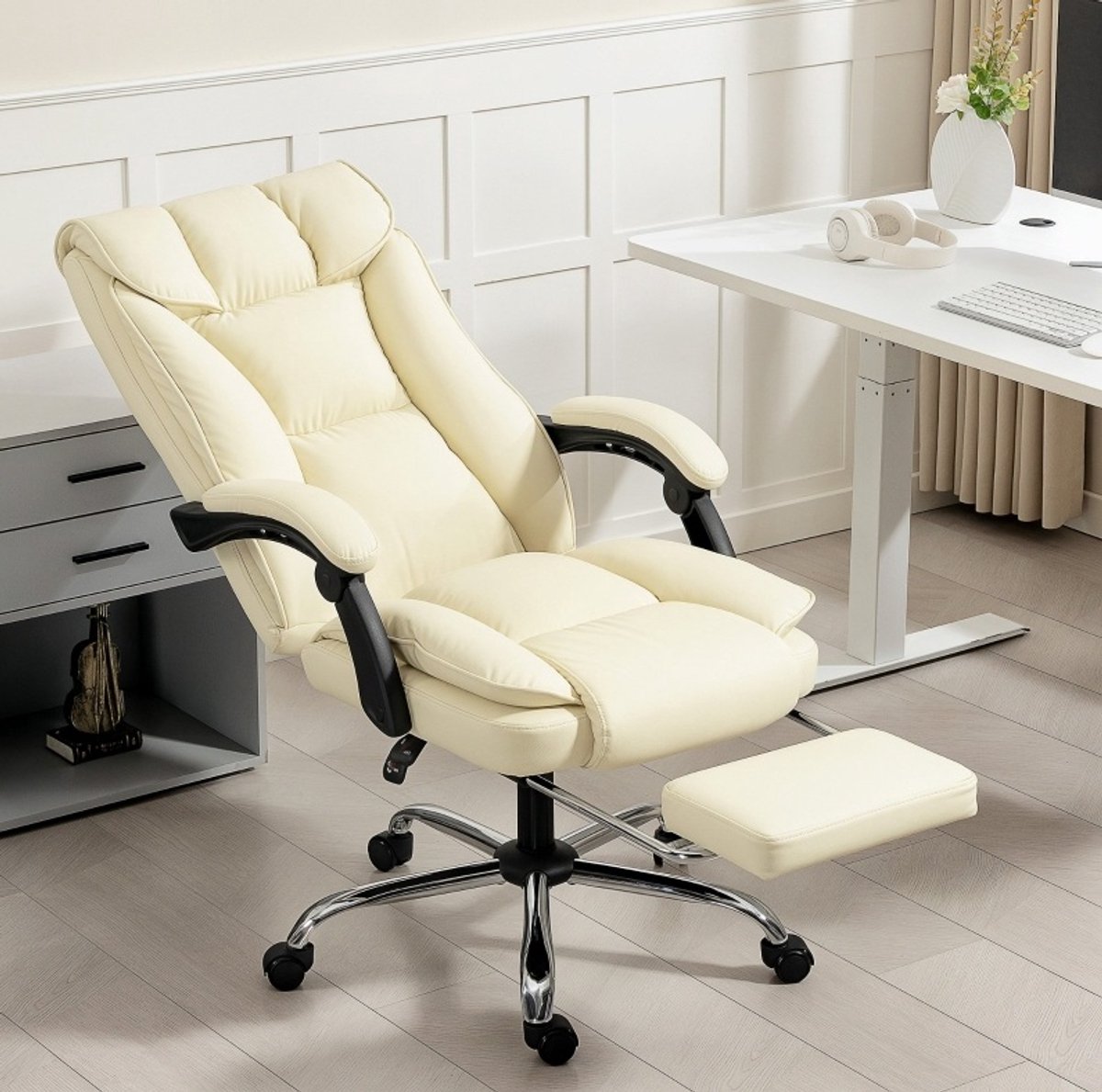 MODFU Bureaustoel - Ergonomisch - Verstelbare Rugleuning - Kunstleer - Beige