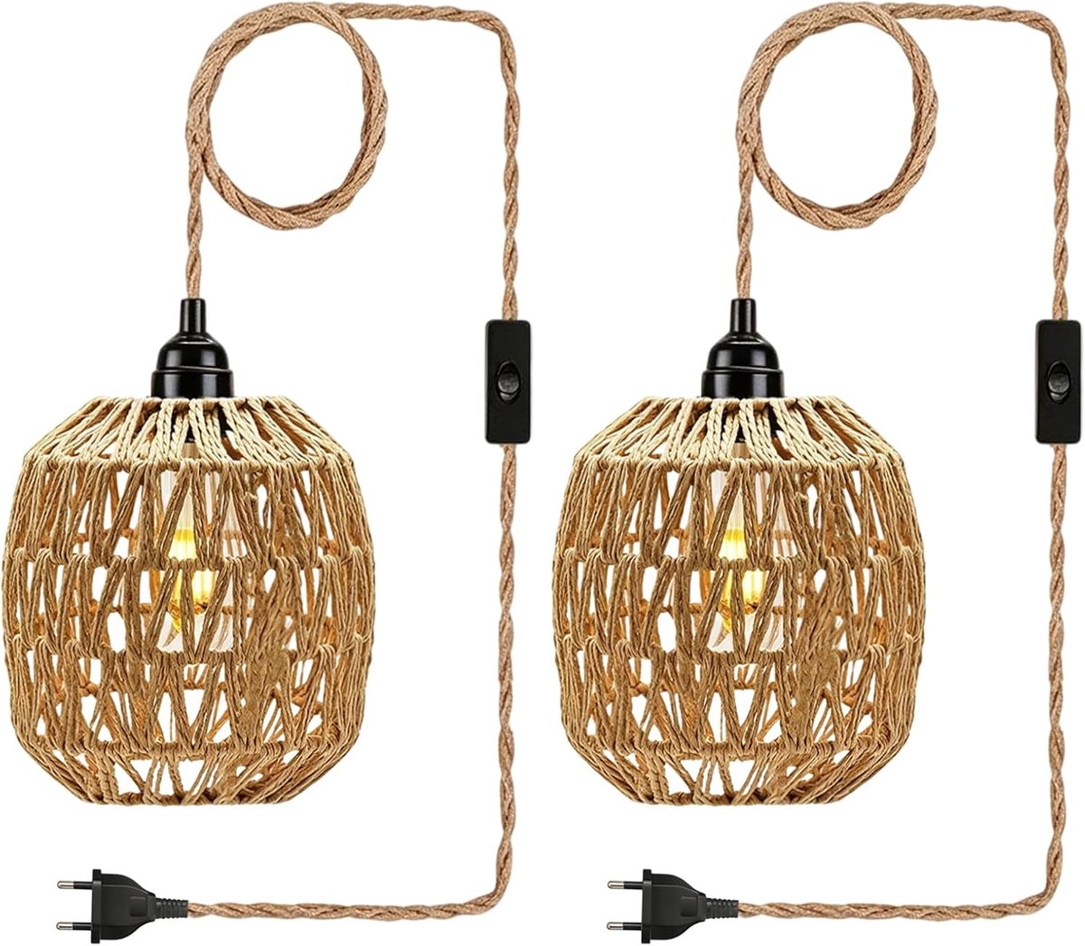 E27 vintage hanglamp met stekker - 4,5 m kabel - henneptouw lampenkap - gezellige sfeer voor slaapkamer - SnelShoppen