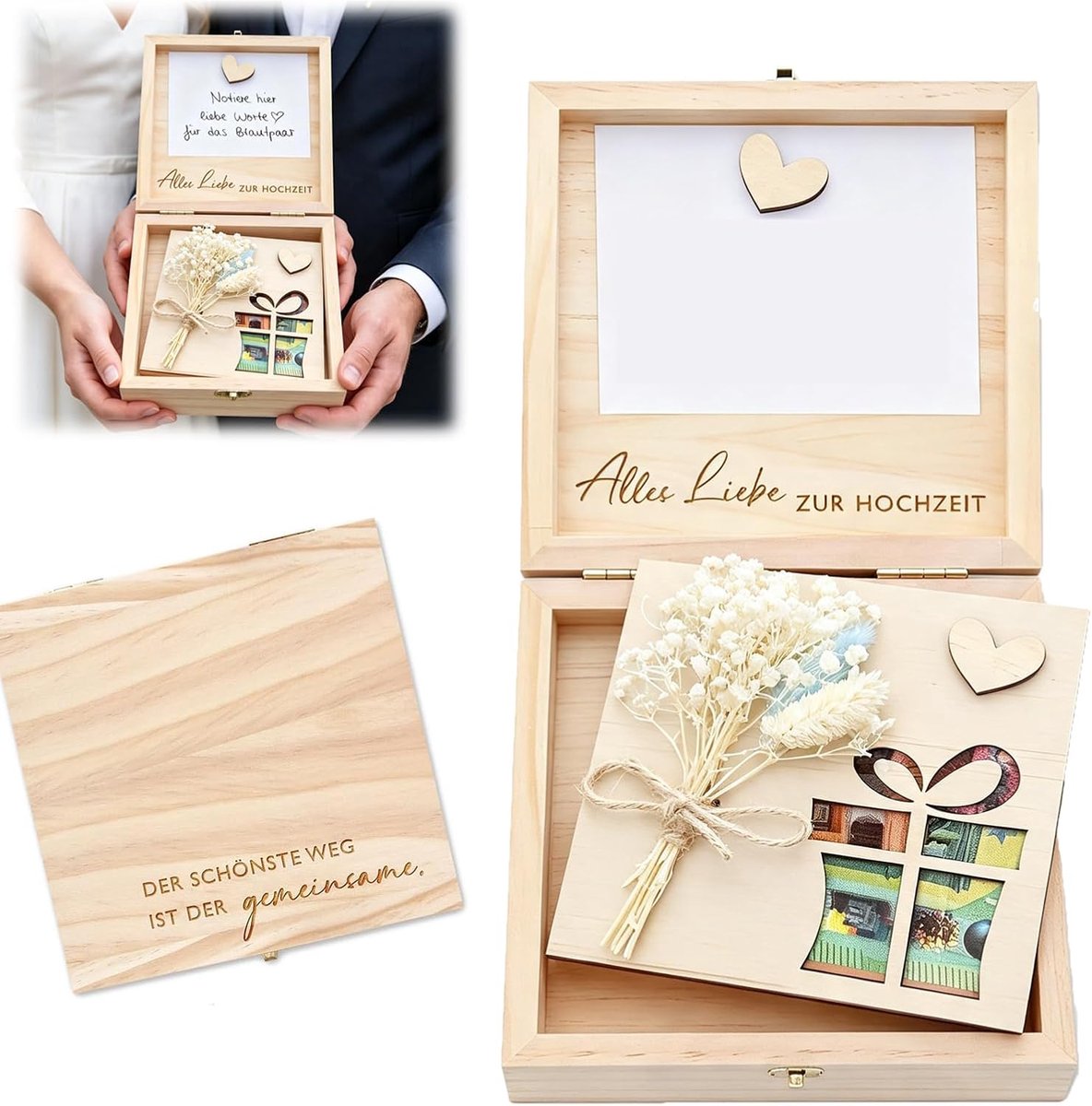 Huwelijksgeschenken voor bruidspaar - houten bruiloft geld cadeau - met droogbloemen - SnelShoppen