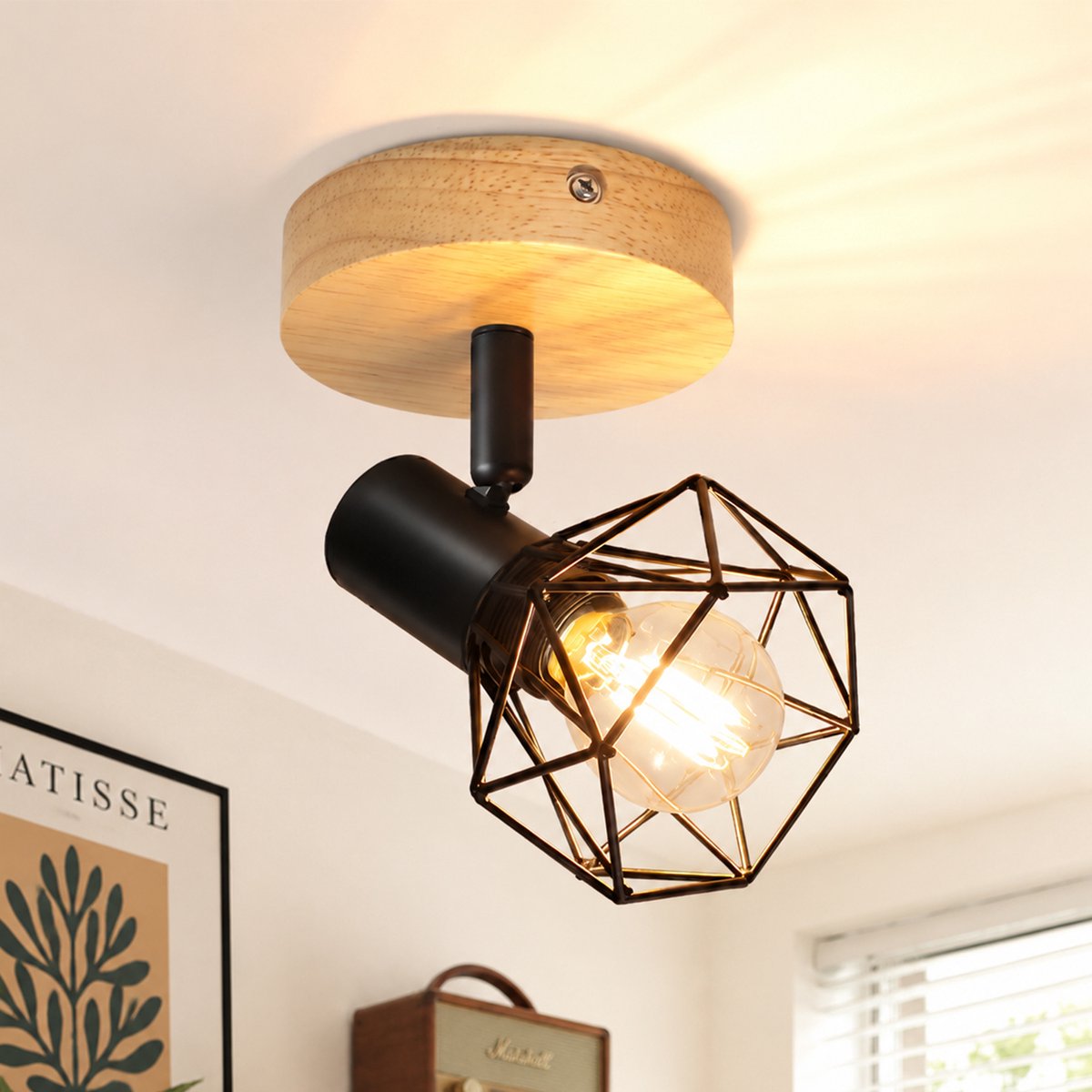NETTLIFE 1-Flammige Plafondspot Zwart met Hout - E14 | 350° Draaibaar | Vintage Industrieel Design | Geschikt voor Keuken Slaapkamer & Hal - Zonder Lampen