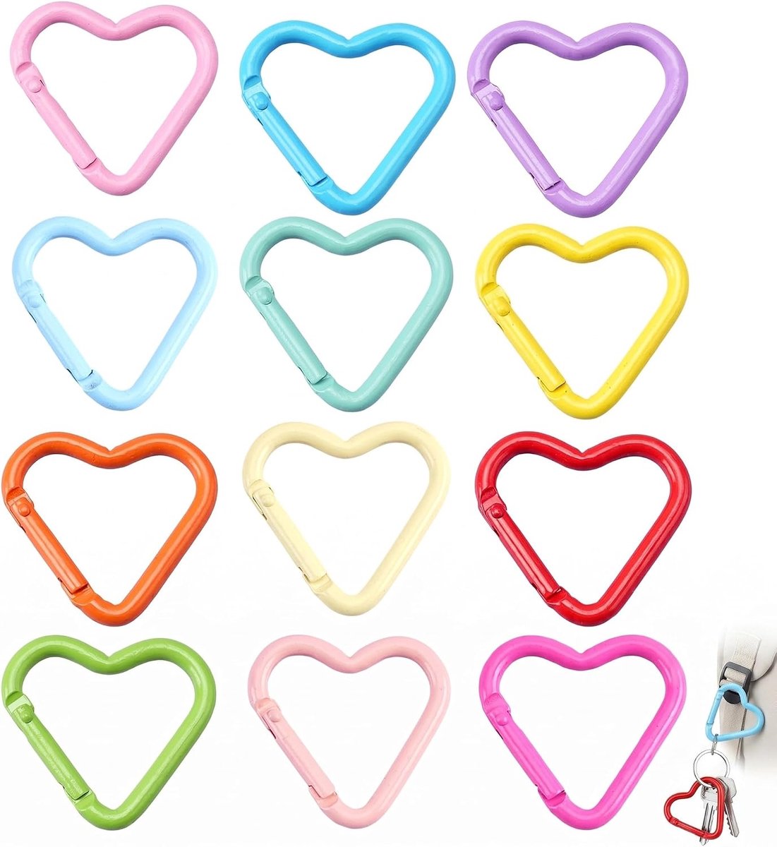 Mini-karabijnhaken 12 stuks - kleurrijke ronde en hartvormige - sleutelhangers voor handwerk en DIY - SnelShoppen