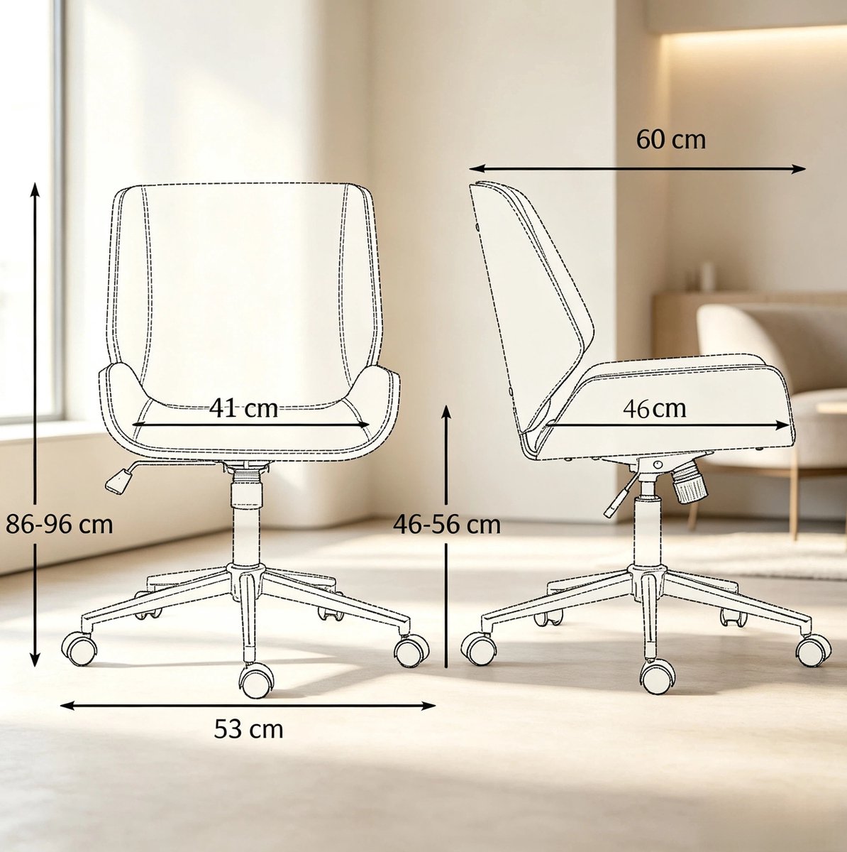STILVORA Bureaustoel 53 x 60 x 86 tot 96 cm Hoogteverstelbaar en 360 Graden Draaibaar Voor Kantoor en Thuis Hout Metaal Zwart Donkerbruin