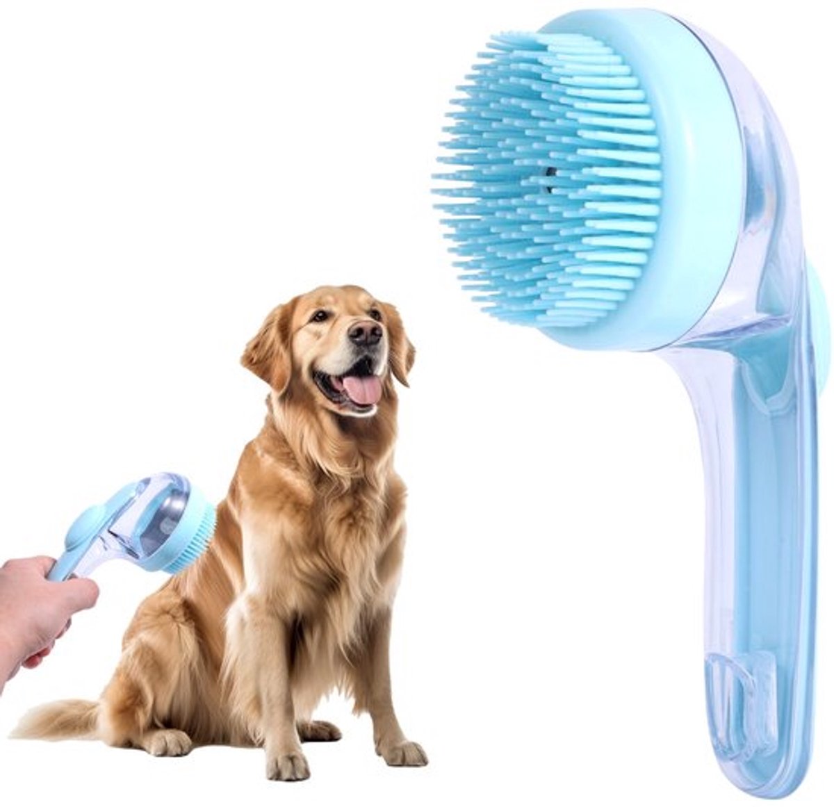 Honden Badborstel met Shampoo Dispenser - Pet Shower Borstel voor Lange en Korte Vachten (Blauw)