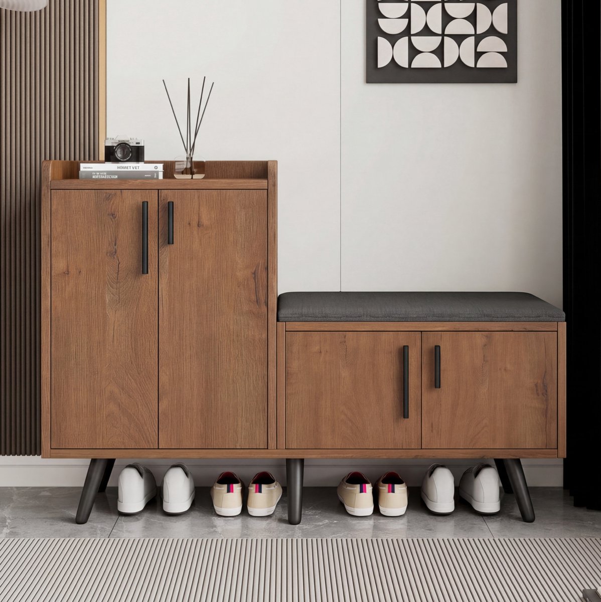 MODENUIT Schoenenkast - Met Zitkussen En Vier Deuren - Hal En Woonkamer - Spaanplaat - Naturaal - 120x34x82,8 Cm