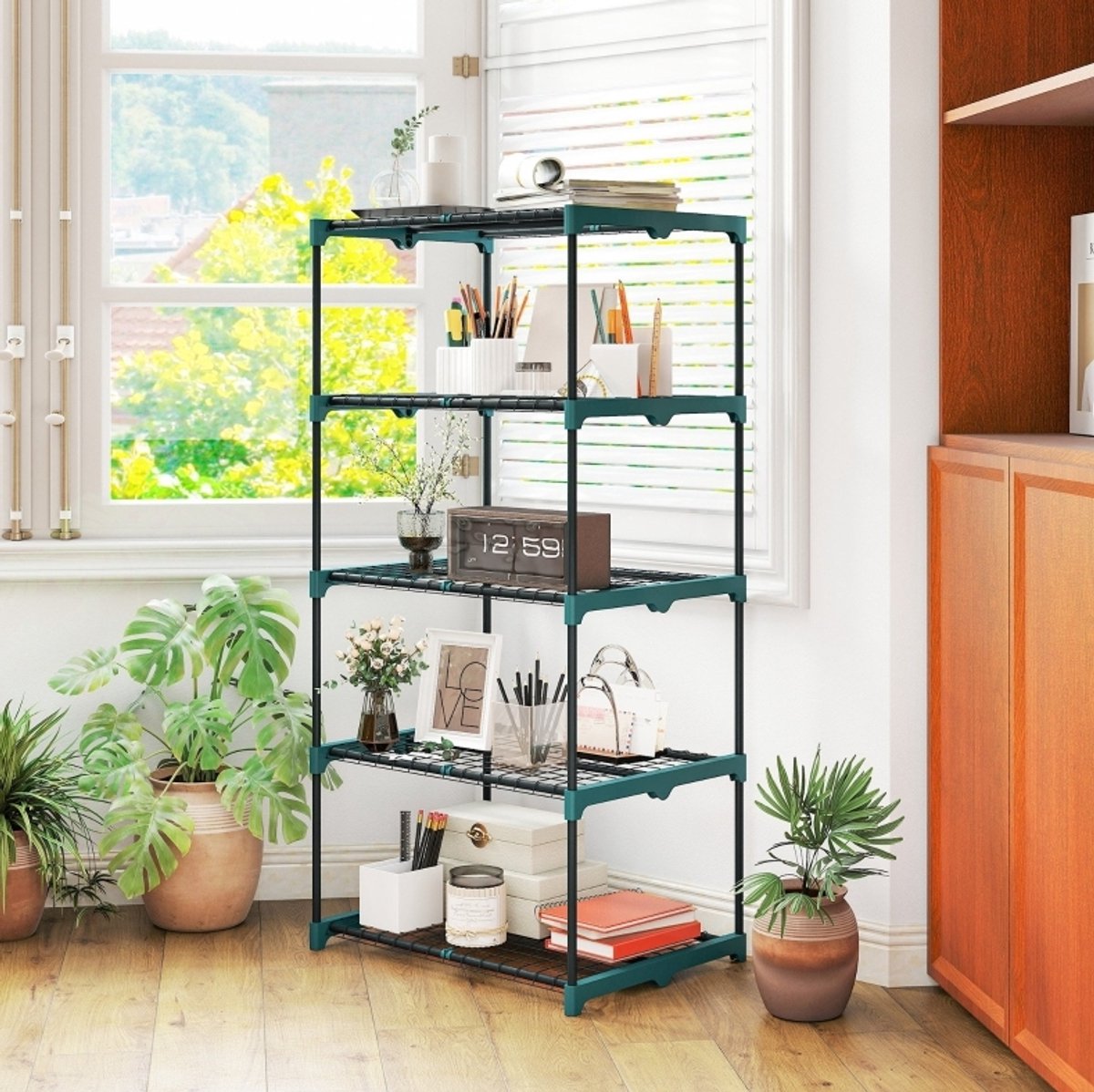 Plantenrek 5 Etages 138 Cm Hoog Stalen Open Stellingkast Donkergroen Voor Binnen En Buiten Met Ruime Legplanken Voor Balkon En Terras
