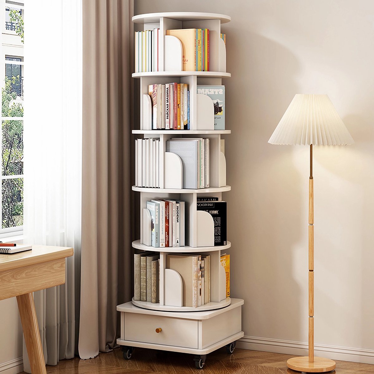 Draaibaar Boekenrek 360 Graden Met Wielen En Lade Wit MDF Compact Voor Kleine Ruimtes Woonkamer Slaapkamer