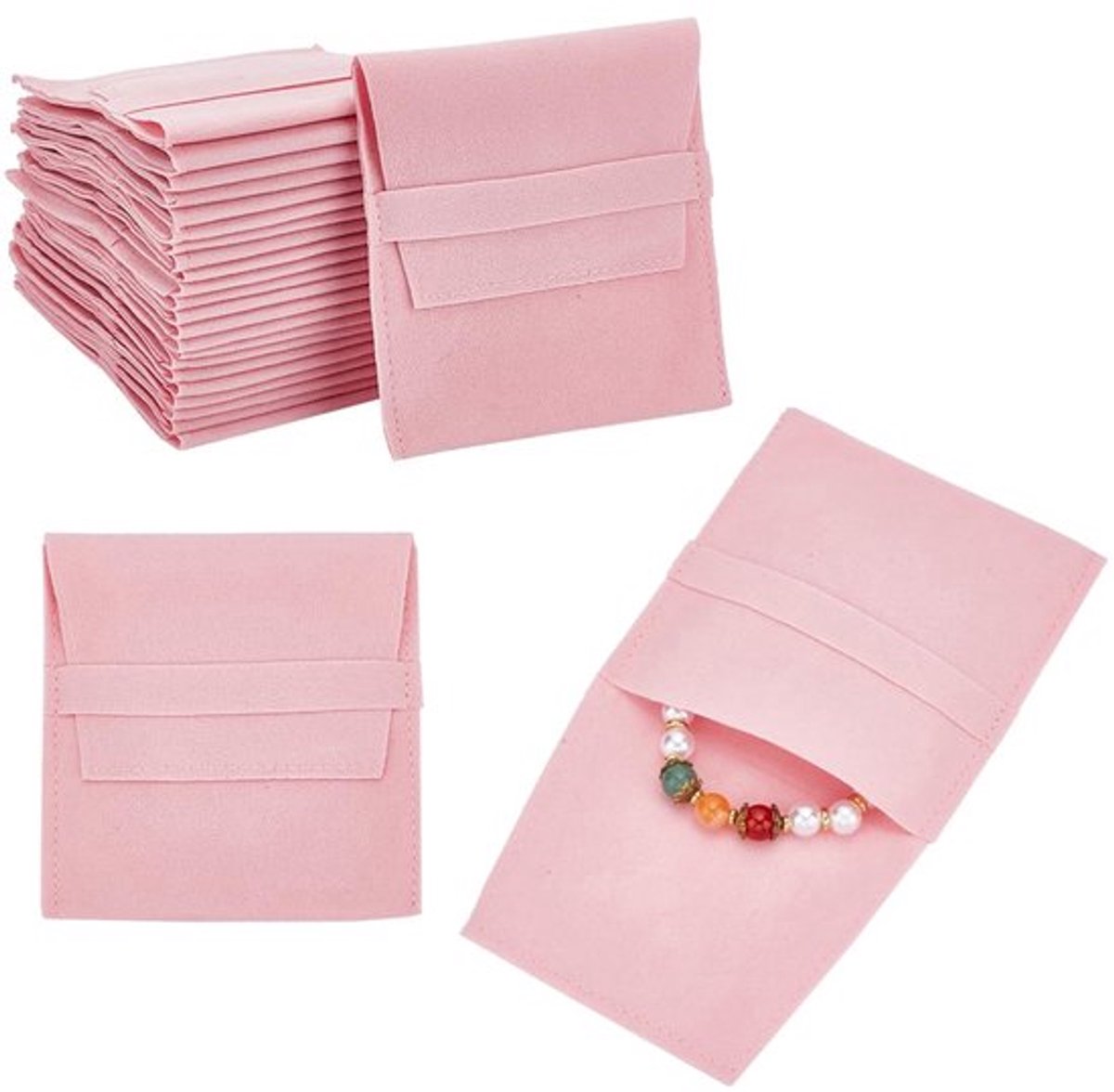 24 stuks roze microvezel sieradenzakjes, cosmetische tas, fluwelen sieradenflapzakjes, opvouwbare envelop voor oorbellen, armbanden, kettingen en verpakkingen, 9,6 x 9 x 0,3 cm