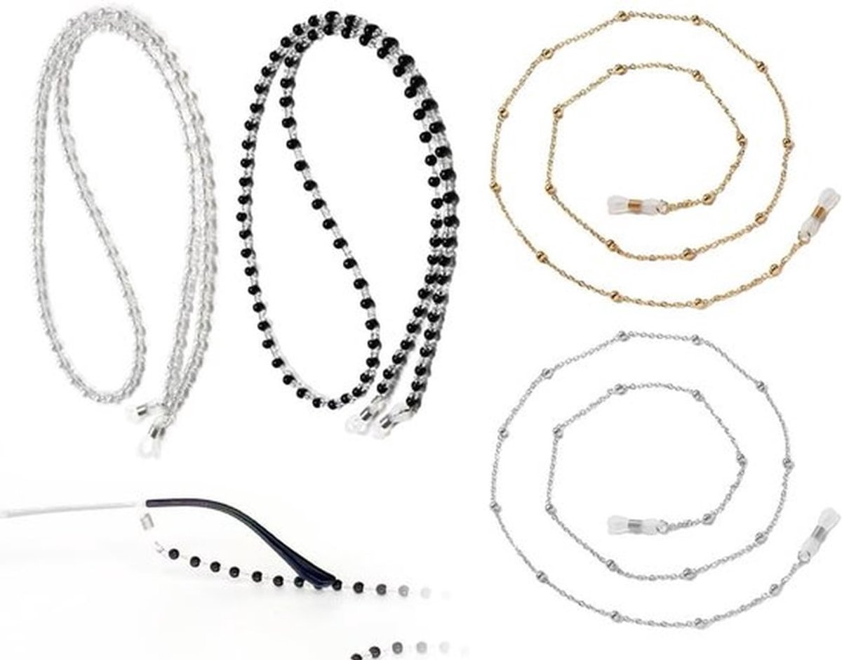 Set van 4 kleurrijke brillenkettingen voor dames in zwart, wit, goud en zilver, ideaal voor het veilig en stijlvol dragen van zonnebrillen en leesbrillen
