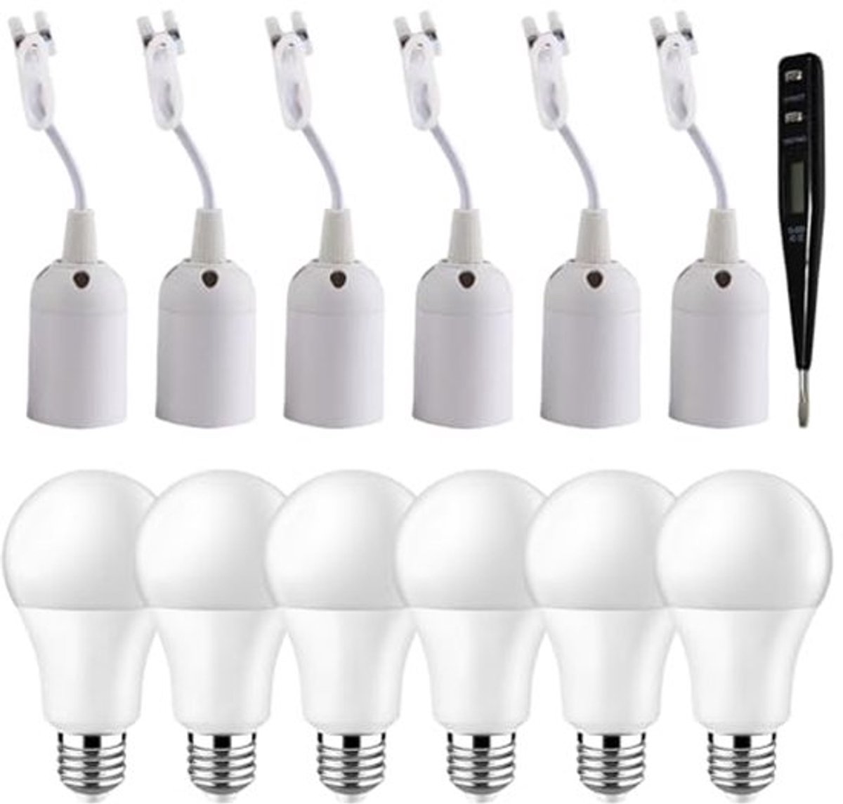 13-delige E27 lampfitting set inclusief LED gloeilampen en spanningstester