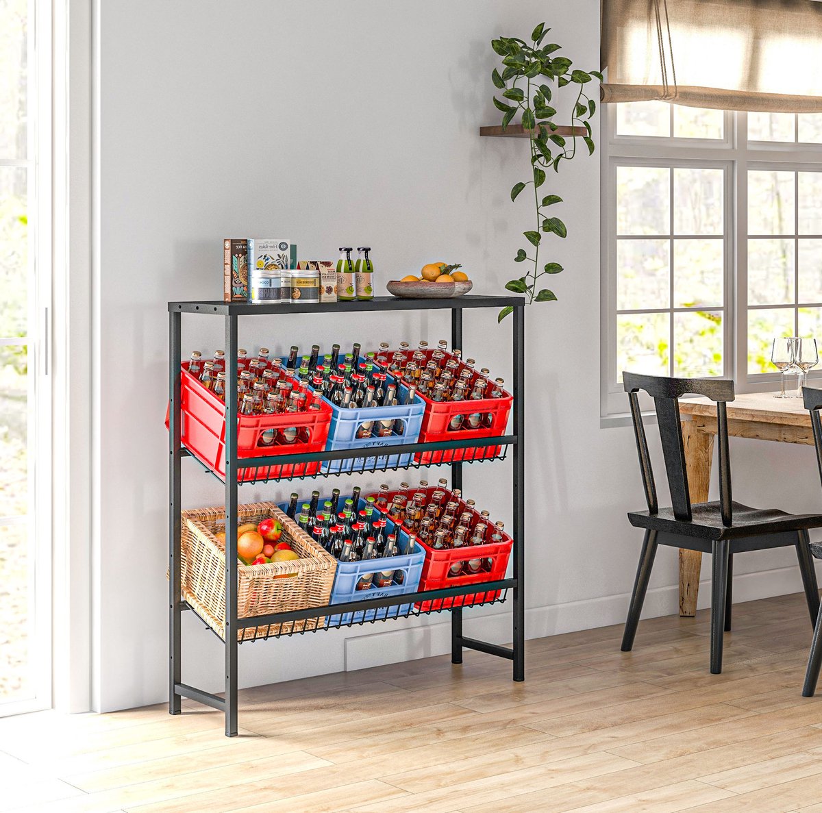 MIVRAY Drankkistenrek – Verstelbare Hoogte, 3 Niveaus Voor 6 Kisten – 103 x 33 x 113,5 cm – Staal – Zwart – Freistehend