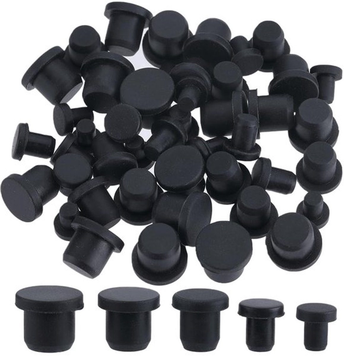 50 stuks, 5 maten, siliconen gat, zwart, rond, rubber, waterdicht, knoopsgat, eindkappen, zachte flexibele stop, geschikt voor flessen, pijpen, bloempotten met een binnendiameter van 4-9,5 mm