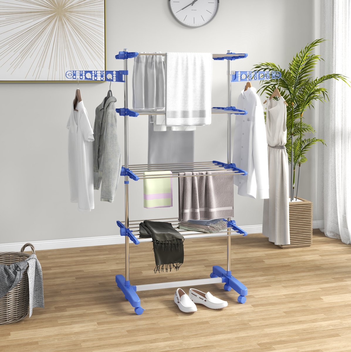 Droogtoren Met Wielen – Inklapbaar En Hoogte Instelbaar – 142 X 55 X 172 Cm – Roestvrij Staal – Blauw – Vrijstaand Drogen En Ophangen