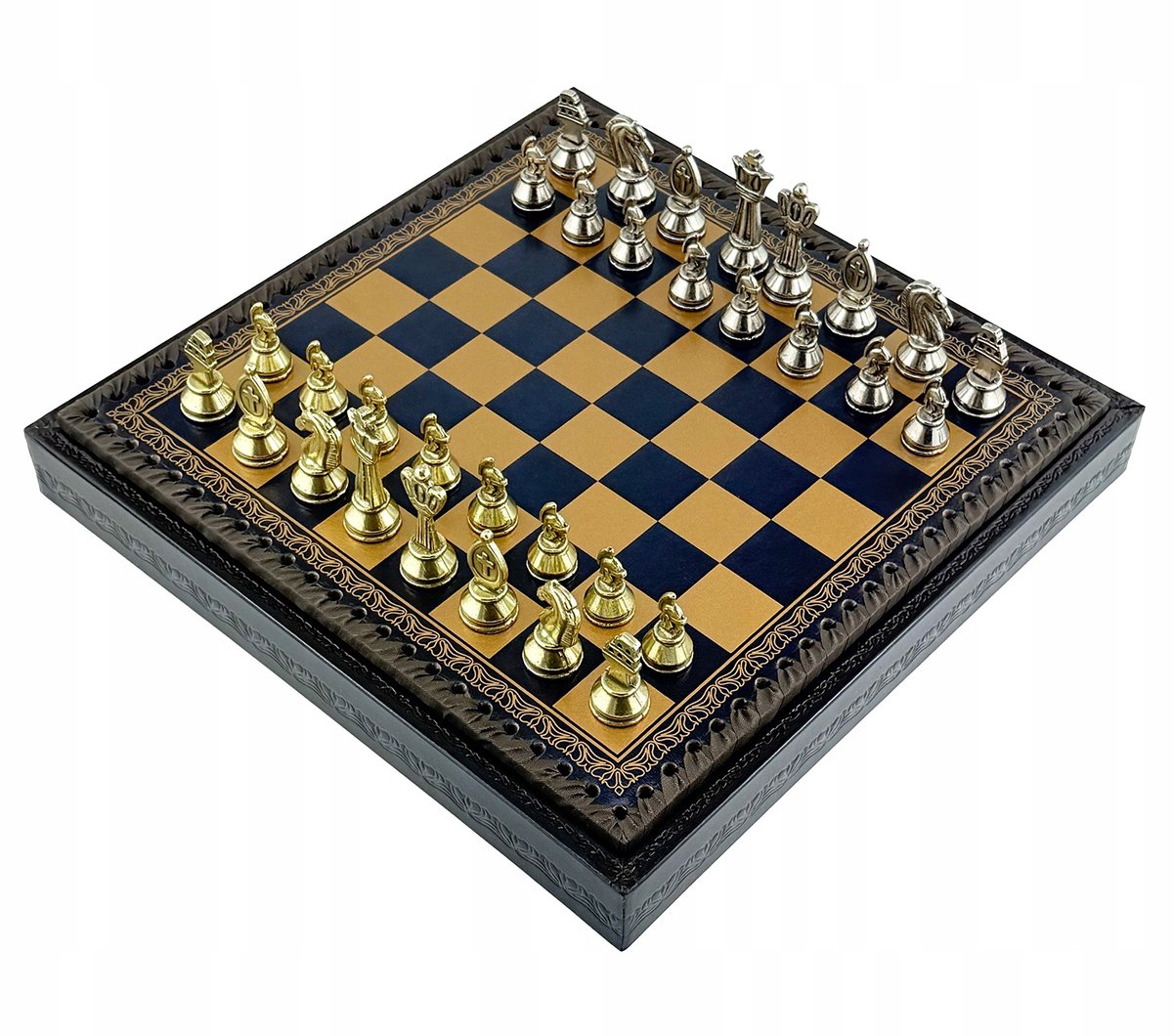 Romeinse Schakerset met Eco-leer Bord - Luxe Metaal Figuren
