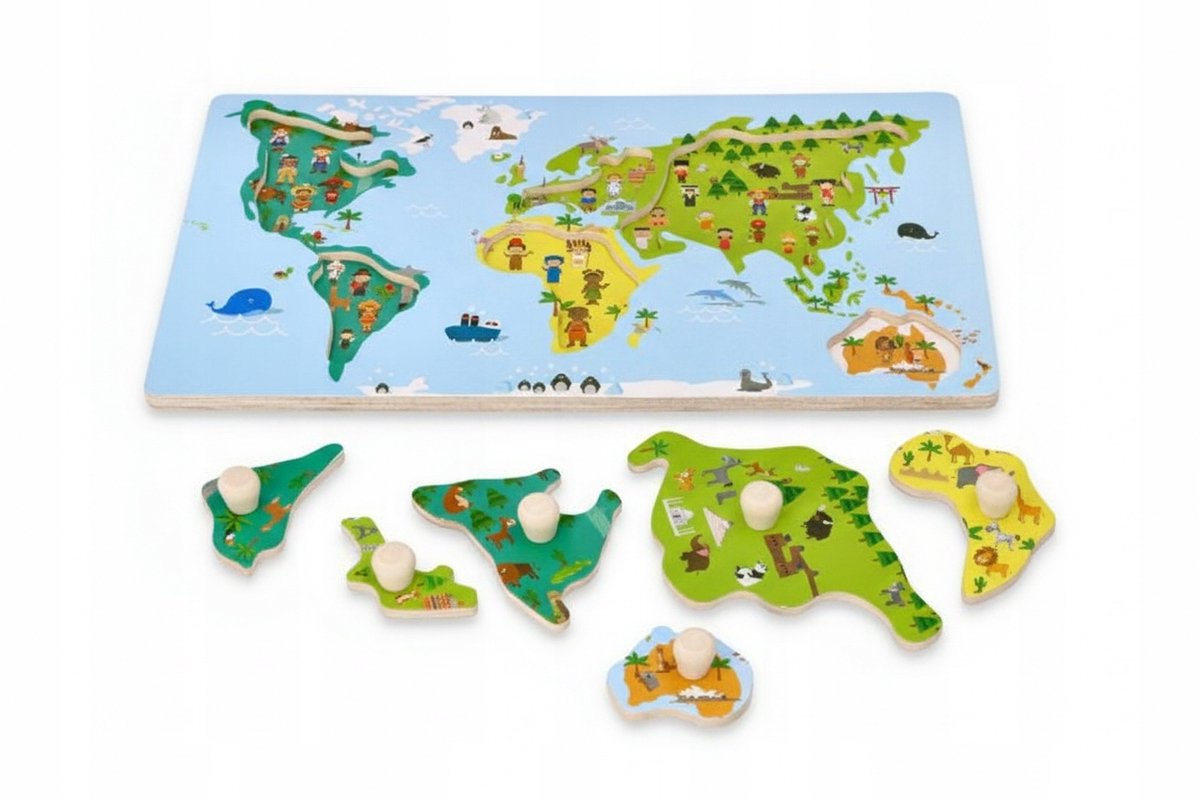 Houten Wereldkaart Puzzel met Handvatten - Educatief Speelgoed