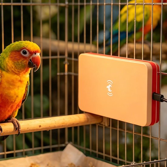 Felgekleurde parkiet op een zitstok naast een beige en oranje vogelverwarmingspaneel in een kooi.