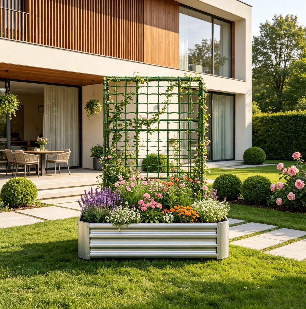 Moestuinbak Met Klimrek – 120 x 60 x 150 Cm – Verzinkt Metaal – Zilver – Weerbestendig Voor Terras, Balkon En Tuin