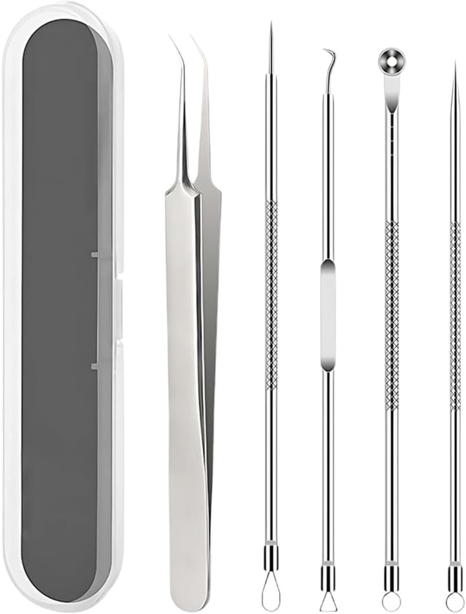 Blackhead remover set 5-delig - roestvrij staal - verschillende functies - voor een schone huid - ShopVlot