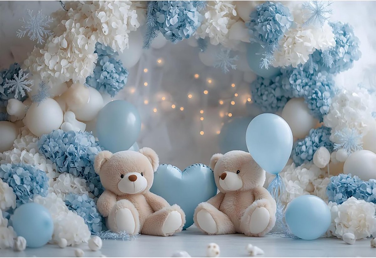 Kids verjaardag achtergrond 2,2 x 1,5 m - vinyl - blauwe witte bloemen - voor baby shower party - ShopVlot