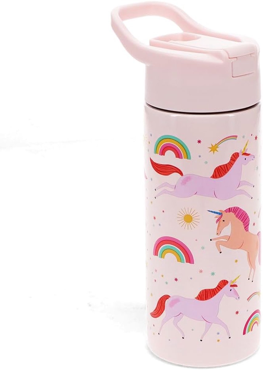 Drinkfles 500 ml - RVS eenhoorn - met drukknopdeksel en rietje - ideaal voor school - ShopVlot