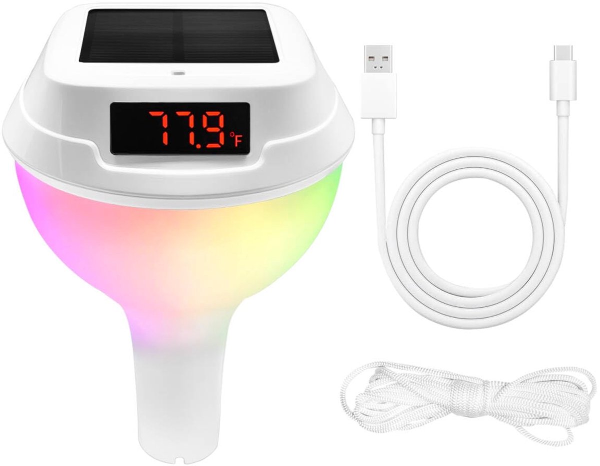 Zonne-energie zwembadthermometer - drijvend met koord - 7 kleuren RGB verlichting - nauwkeurige temperatuurmeting - ShopVlot