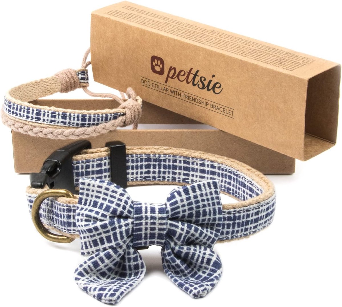 Hondenhalsband met vlinderdas S - donkerblauw - vriendschapsarmband - huisdiervriendelijke hennep - ShopVlot
