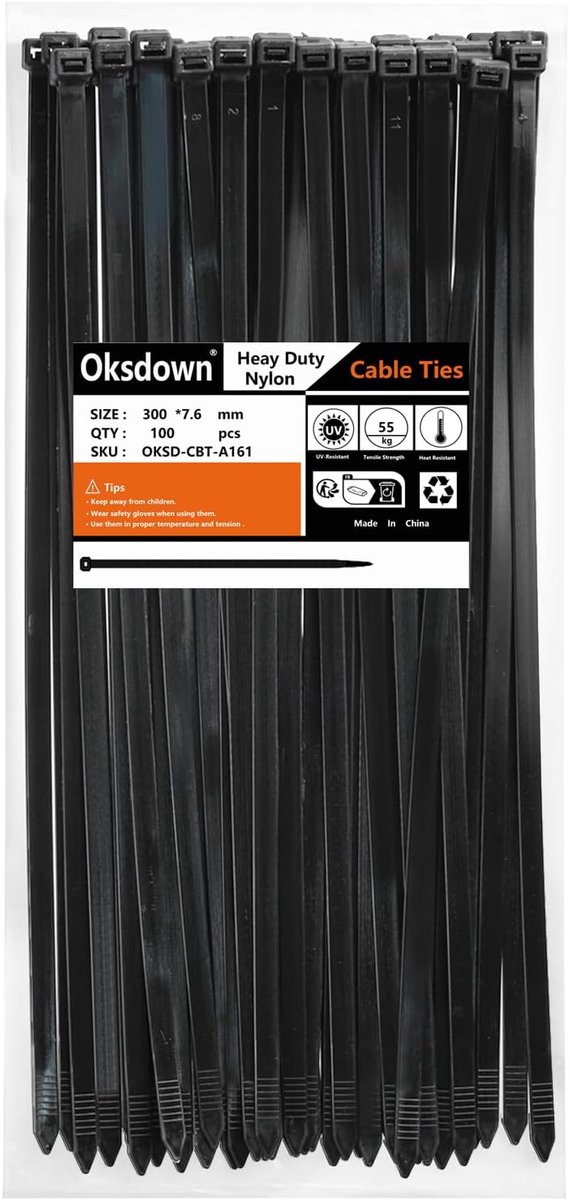 Kabelbinders 300 mm - extra sterk nylon - 55 kg treksterkte - ideaal voor kabelbeheer - ShopVlot