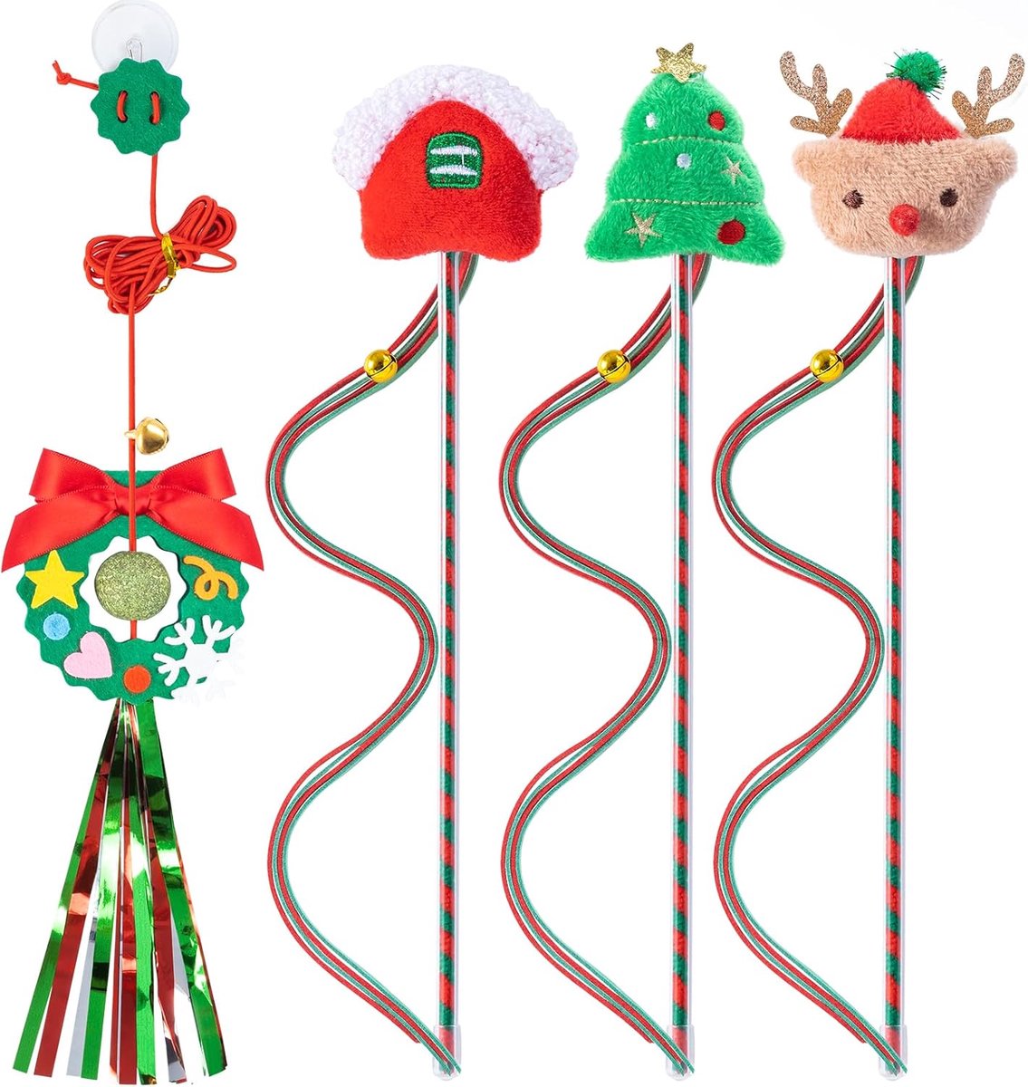 Kerst-kattenspeelgoed set van 4 stuks - interactieve kattenhengel met belletjes - kerstmanmuts en dennenboom - ShopVlot